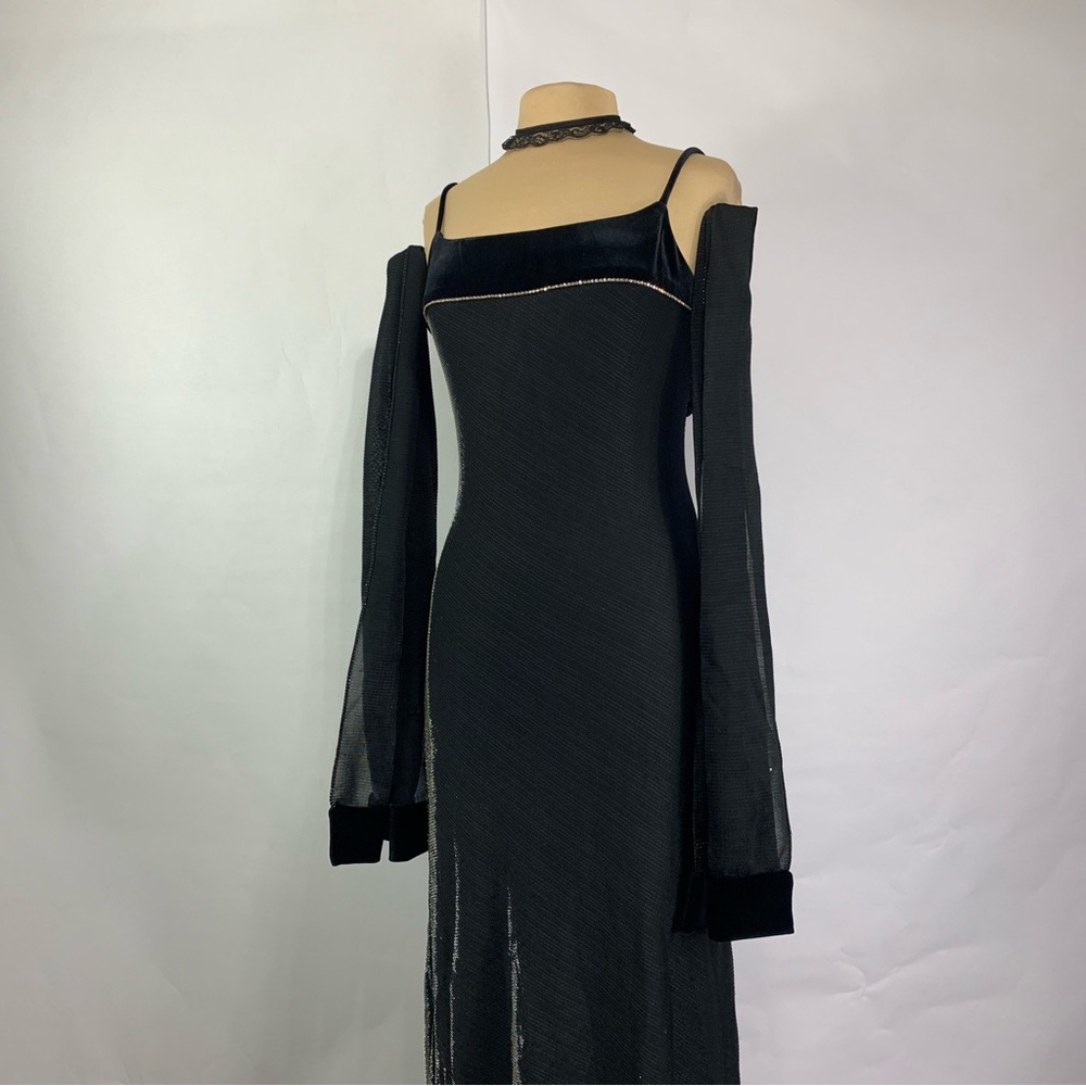 90s Betsy & Adam Velvet Rhinestone Maxi Dress w/ Sheer Metallic Overlay + Shrug